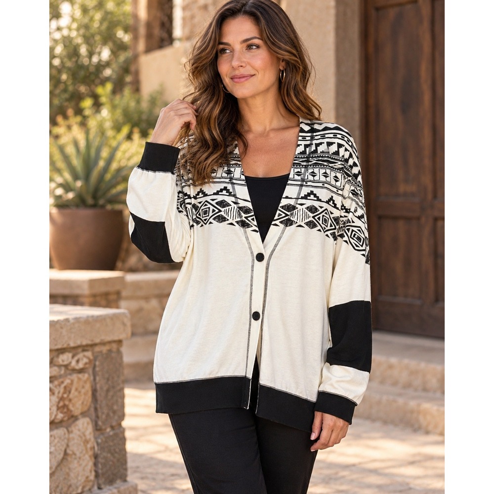 PRPGNDA Knit Cardigan Womens XXL Black White Tribal Print Cloud Dancer Sweater